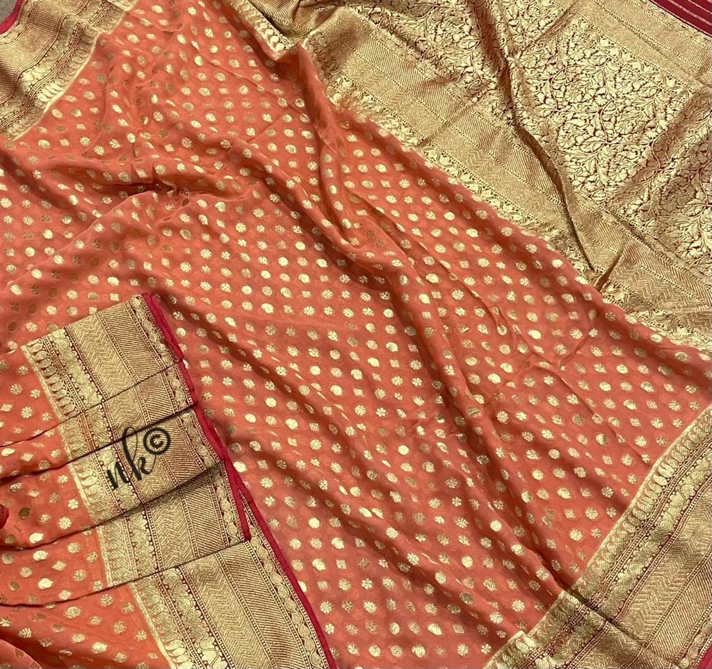 Woven banarsi gorgette saree - Saffronfashionindia
