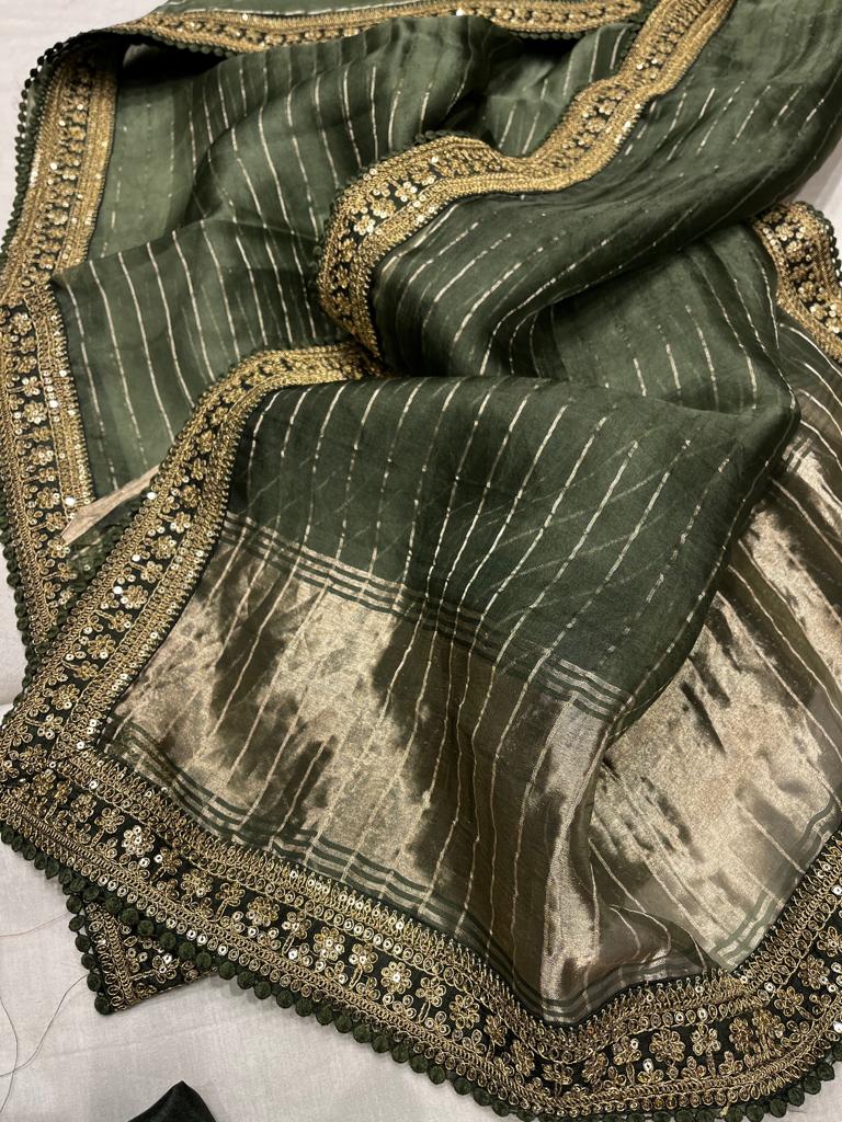 Striped zari organza saree - Saffronfashionindia