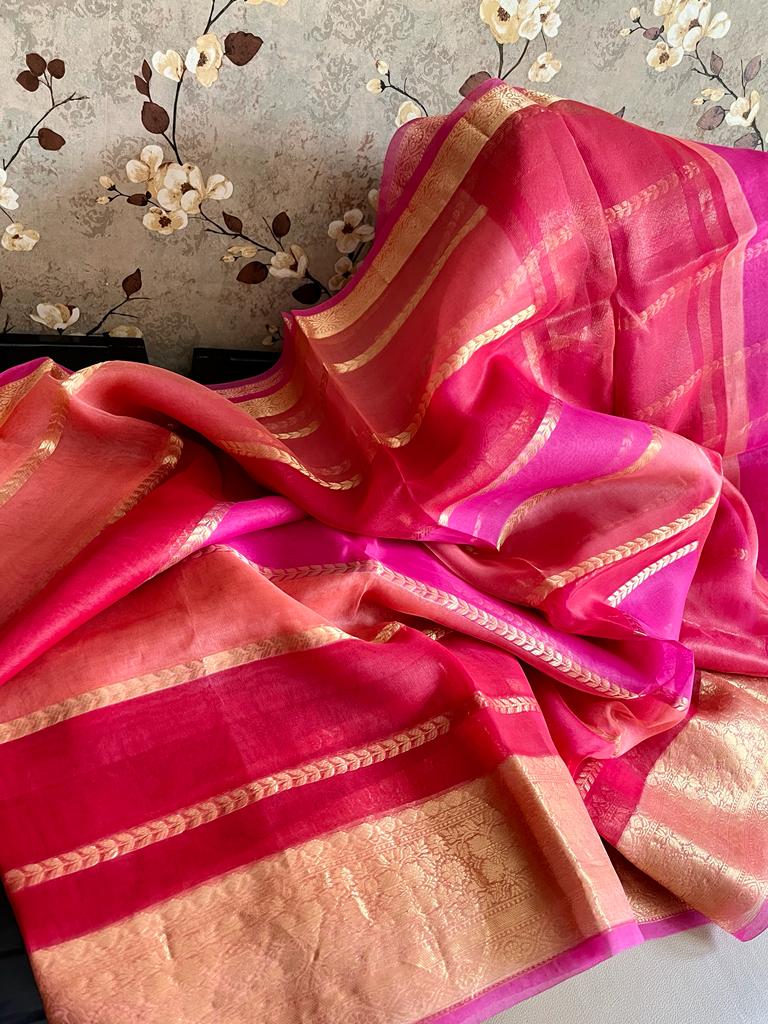 Striped kora banarsi saree - Saffronfashionindia