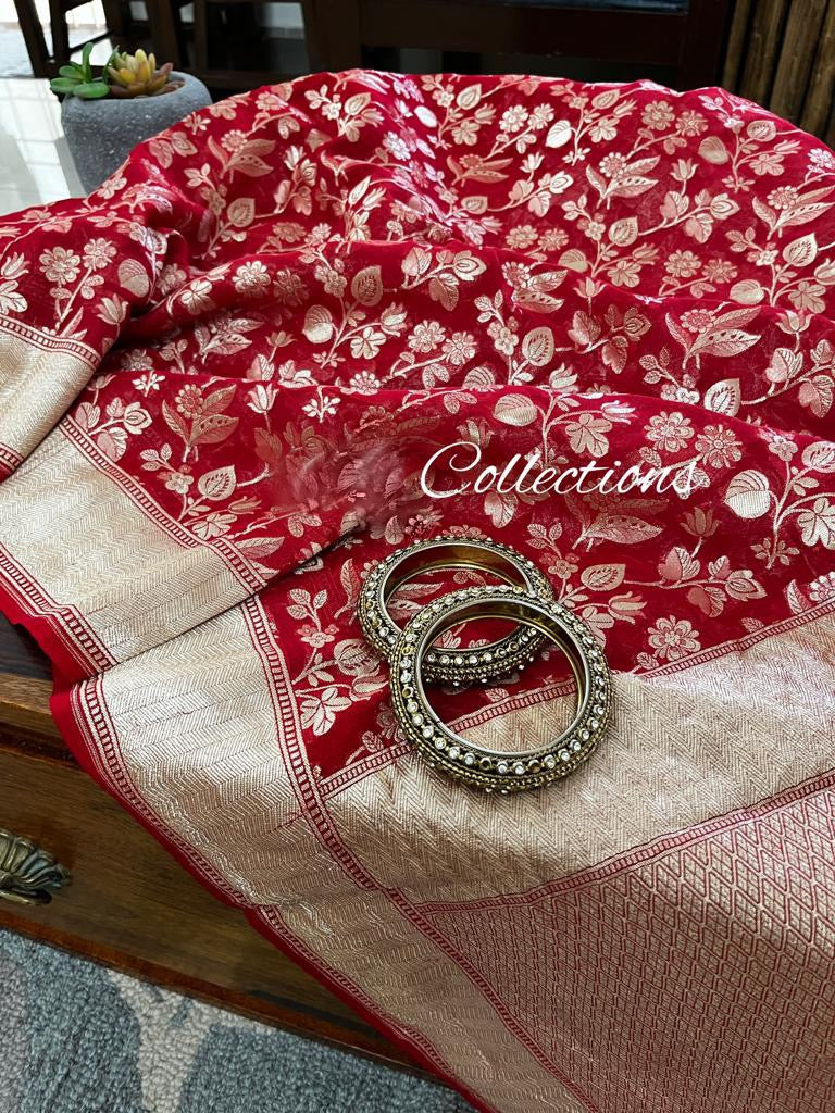 Leela red Banarsi weave saree - Saffronfashionindia