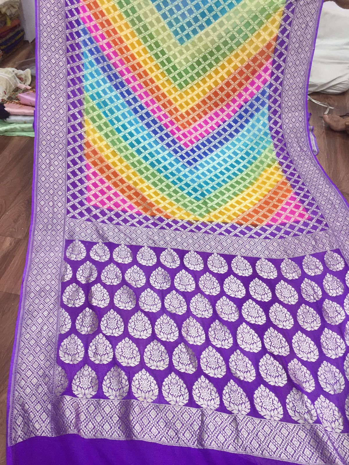 Rangbarsa handloom gorgette saree - Saffronfashionindia