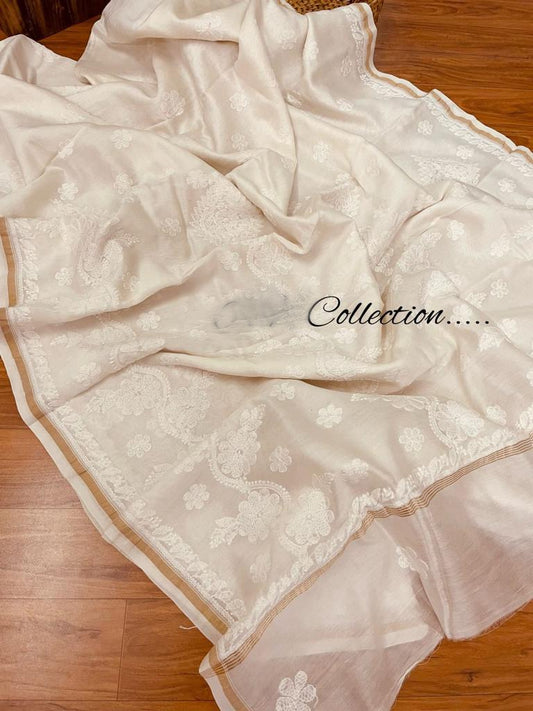 Handwoven Lucknowi Chanderi saree - Saffronfashionindia