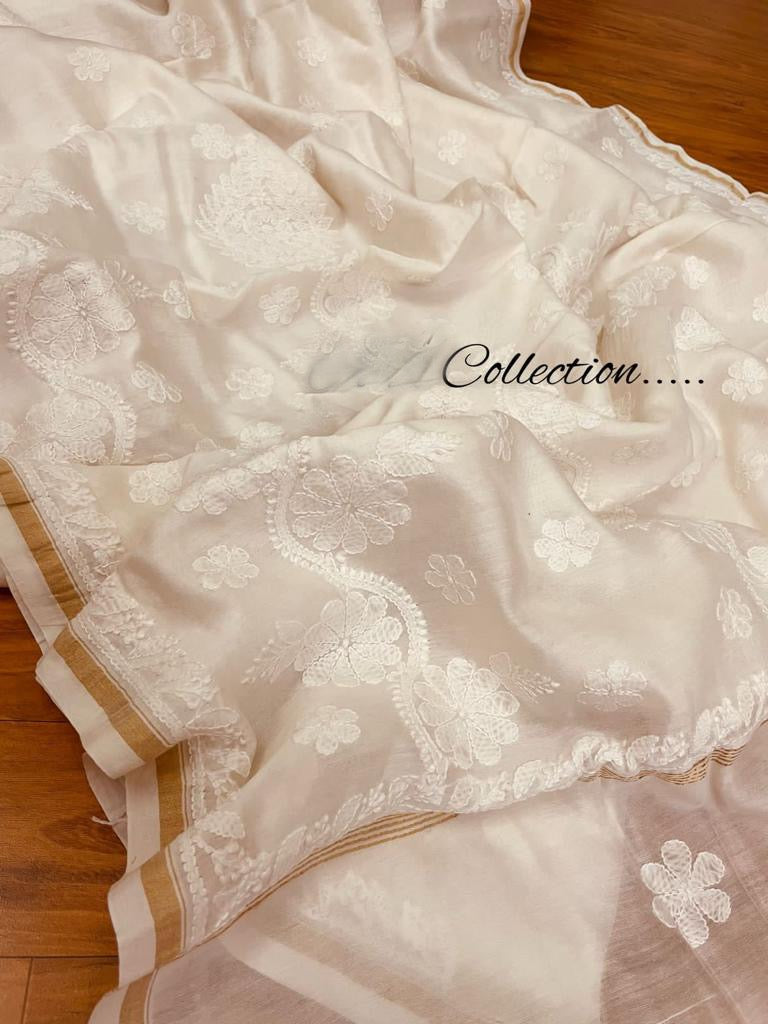 Handwoven Lucknowi Chanderi saree - Saffronfashionindia