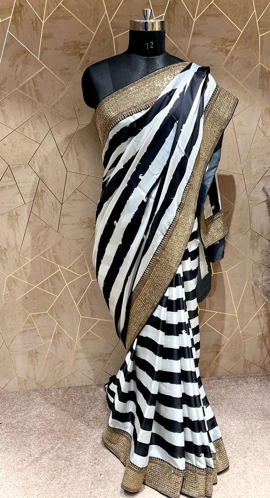 Satin striped saree - Saffronfashionindia