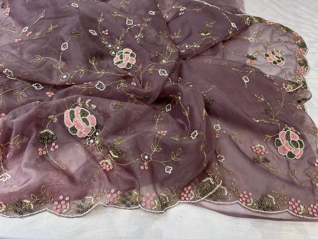 Pearl organza zardosi saree - Saffronfashionindia