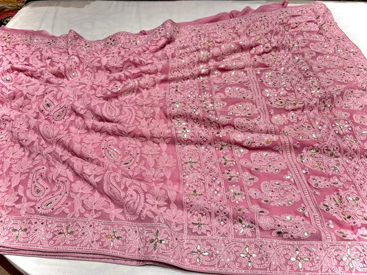 Mahira gorgette Chikankari saree - Saffronfashionindia