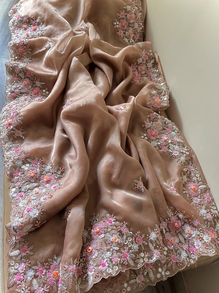 Shamsha organza embroidery saree - Saffronfashionindia