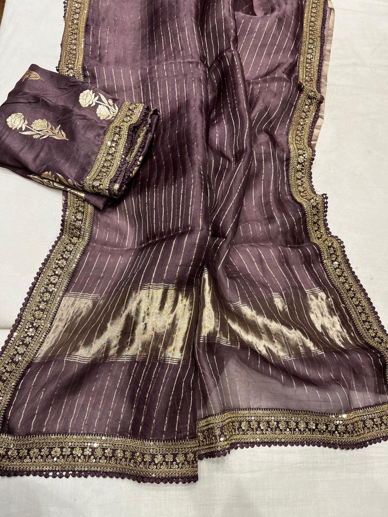 Striped zari organza saree - Saffronfashionindia