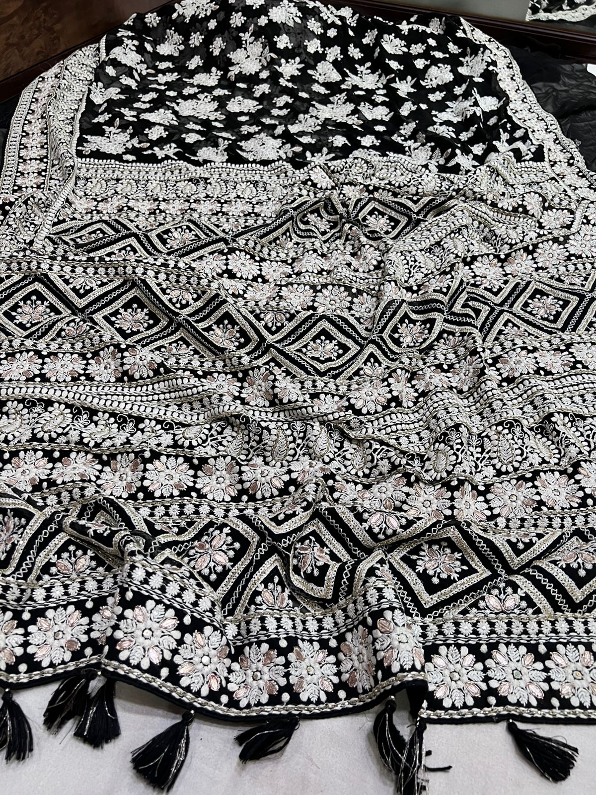 Black white Chikankari gottapatti saree - Saffronfashionindia