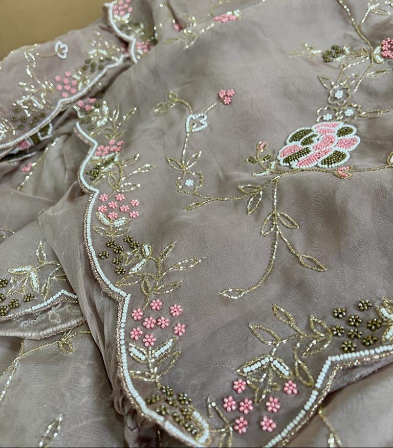 Pearl organza zardosi saree - Saffronfashionindia