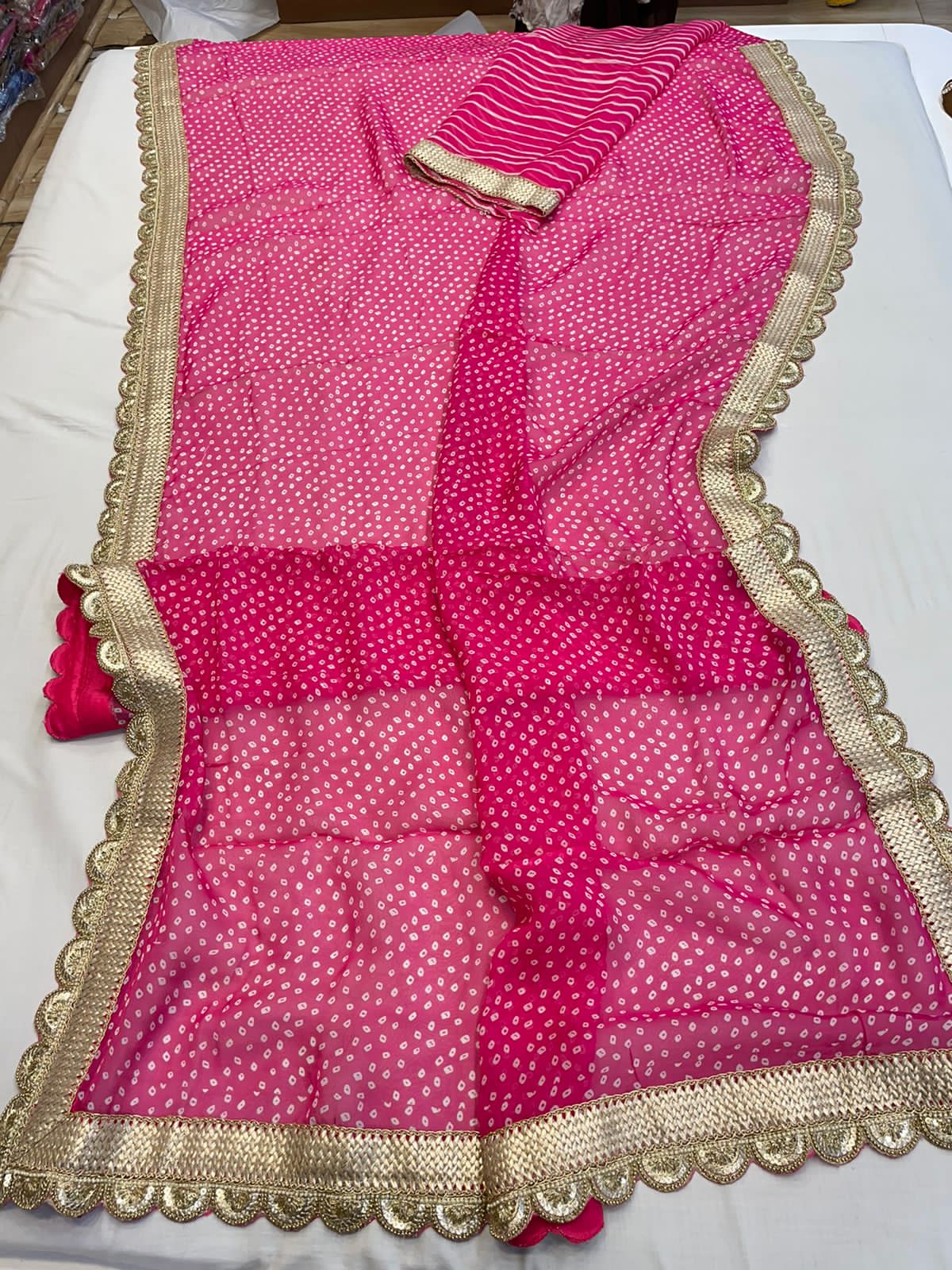 Bandhani lehariya organza saree - Saffronfashionindia