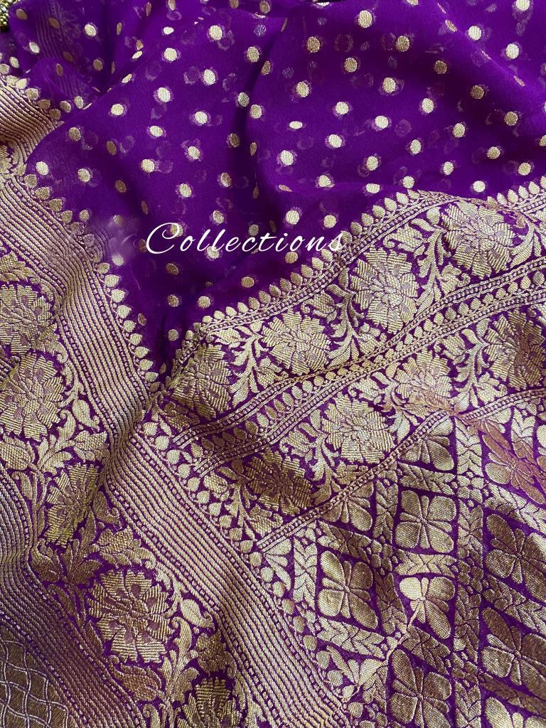 Handwoven Banarsi purple gorgette saree - Saffronfashionindia