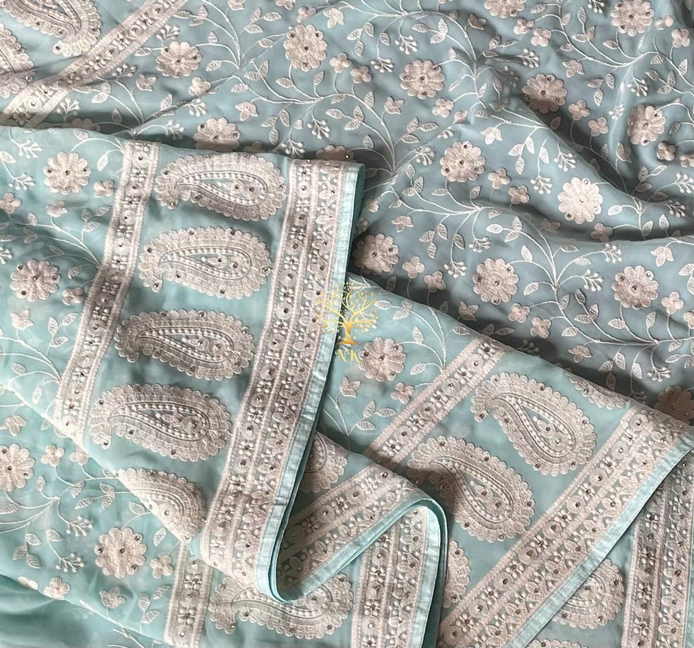 Naisha gorgette Chikankari saree - Saffronfashionindia