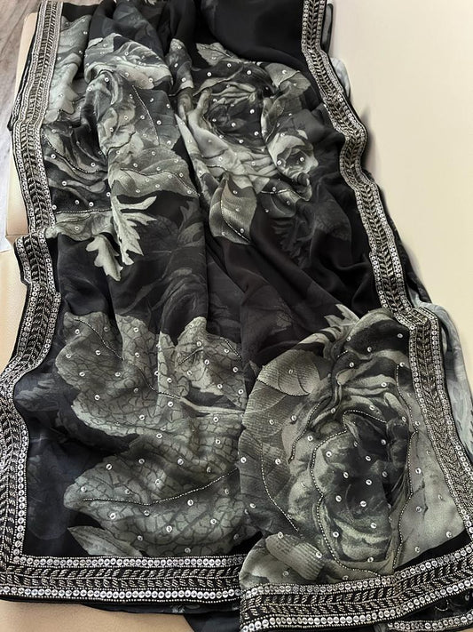 Marzaani satin floral saree - Saffronfashionindia