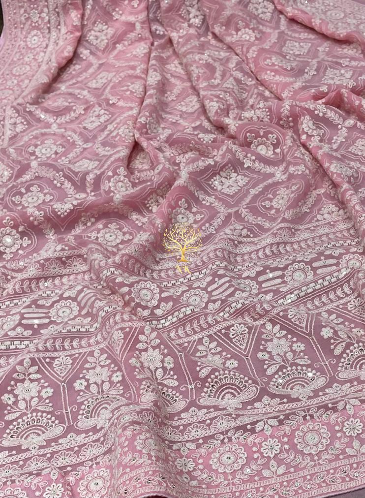 Pink beautiful Chikankari saree - Saffronfashionindia