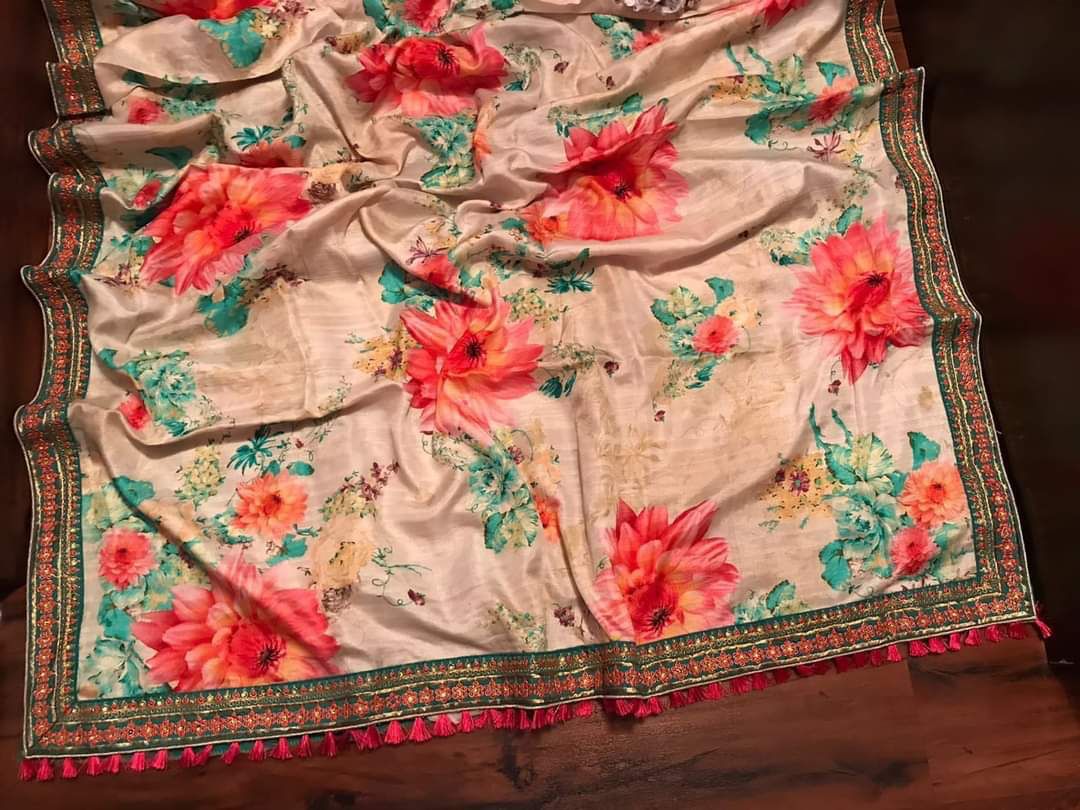 Floral Russian silk crepe saree - Saffronfashionindia