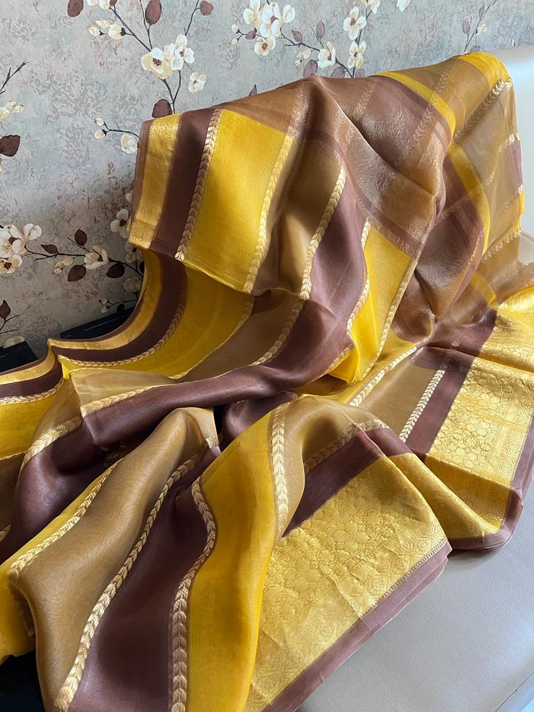 Striped kora banarsi saree - Saffronfashionindia