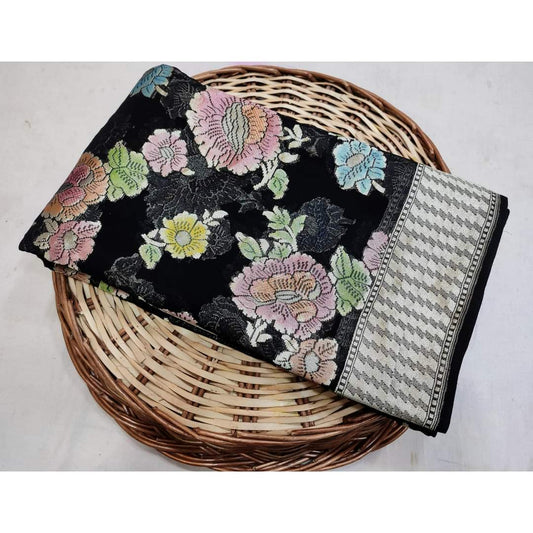 Black chiffon gorgette saree - Saffronfashionindia