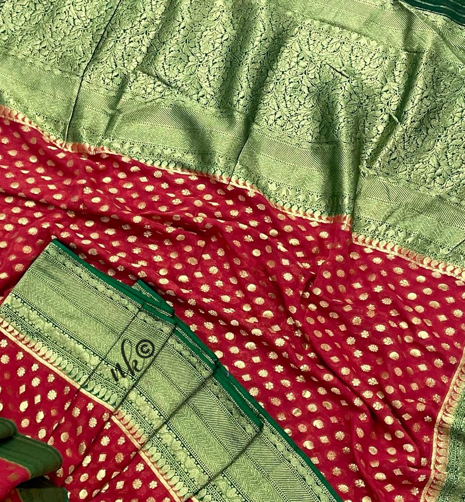 Woven banarsi gorgette saree - Saffronfashionindia