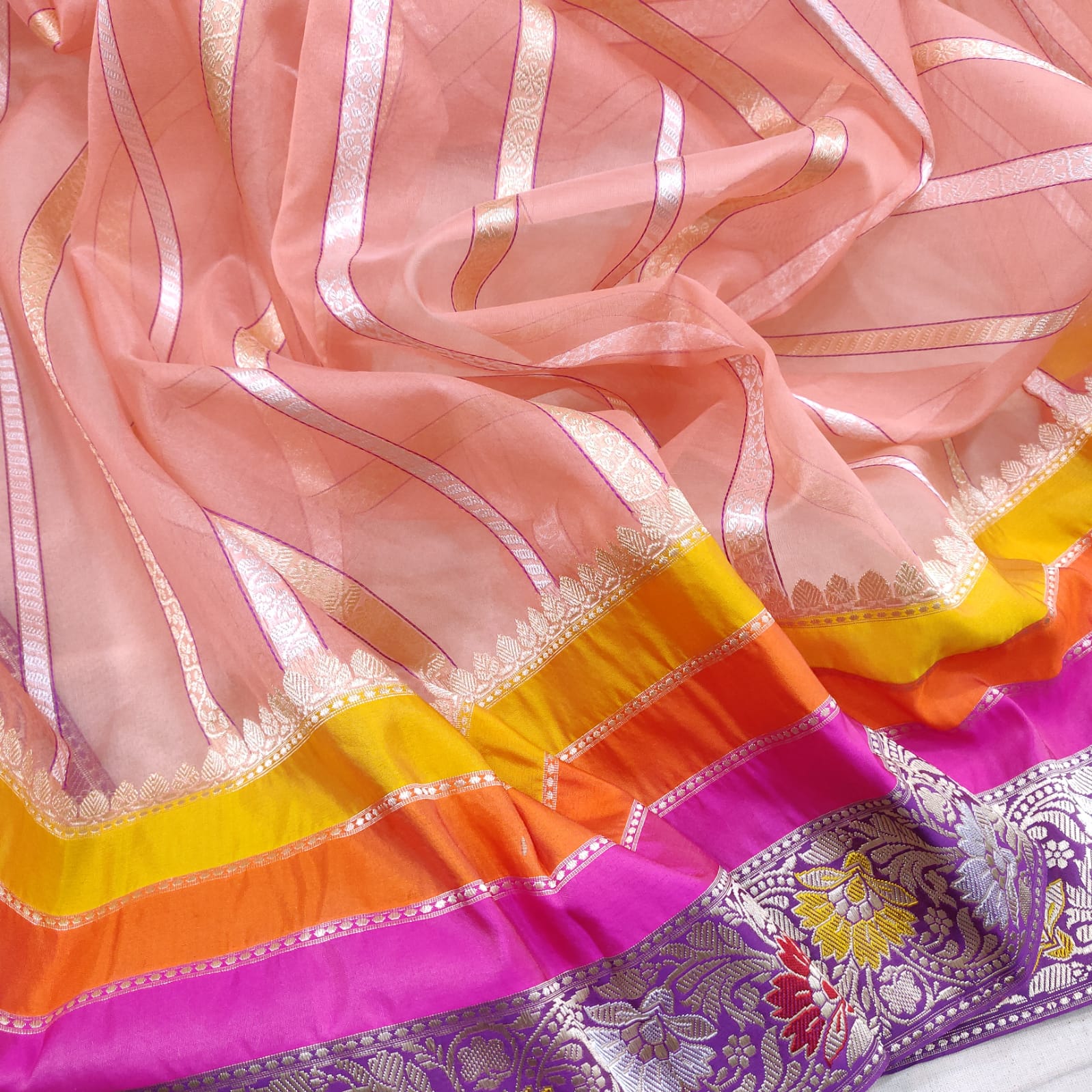 Peachy kora handwoven saree - Saffronfashionindia