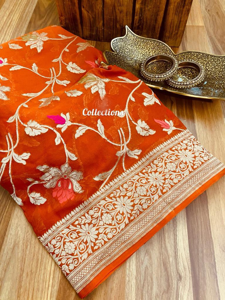 Orange handwoven Banarsi saree - Saffronfashionindia