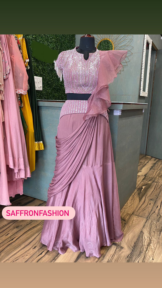 Chinon pink frilled  dress - Saffronfashionindia