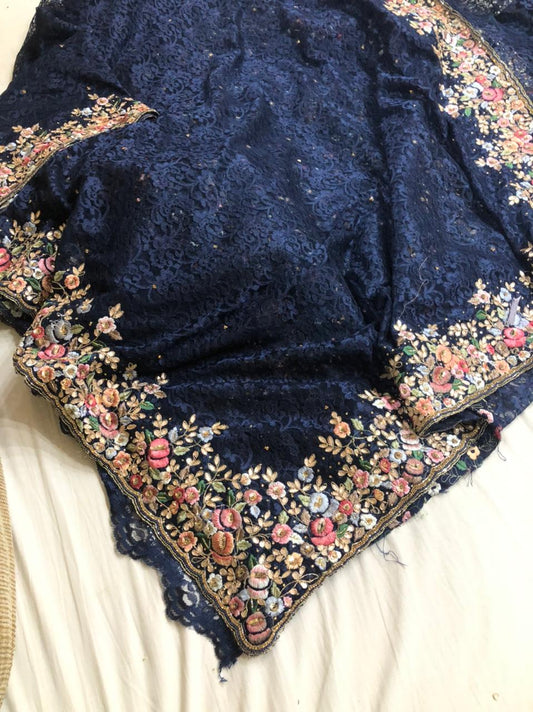 Embroidered chaintley lace saree - Saffronfashionindia