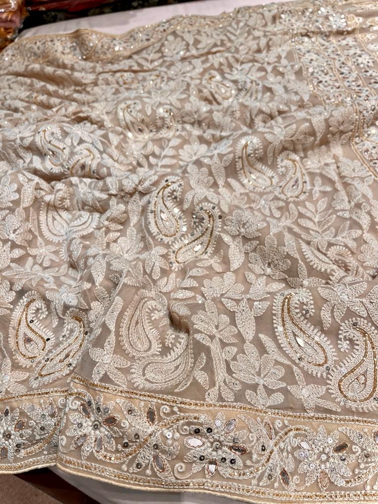 Mahira gorgette Chikankari saree - Saffronfashionindia