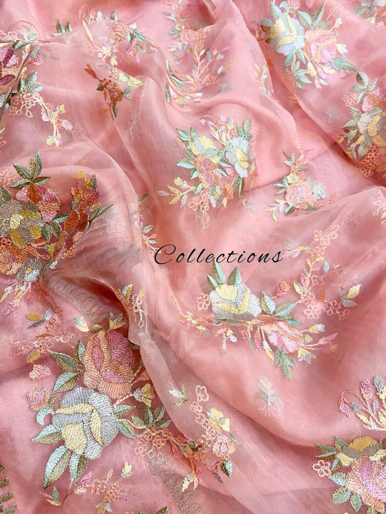 Pink organza embroidery saree - Saffronfashionindia