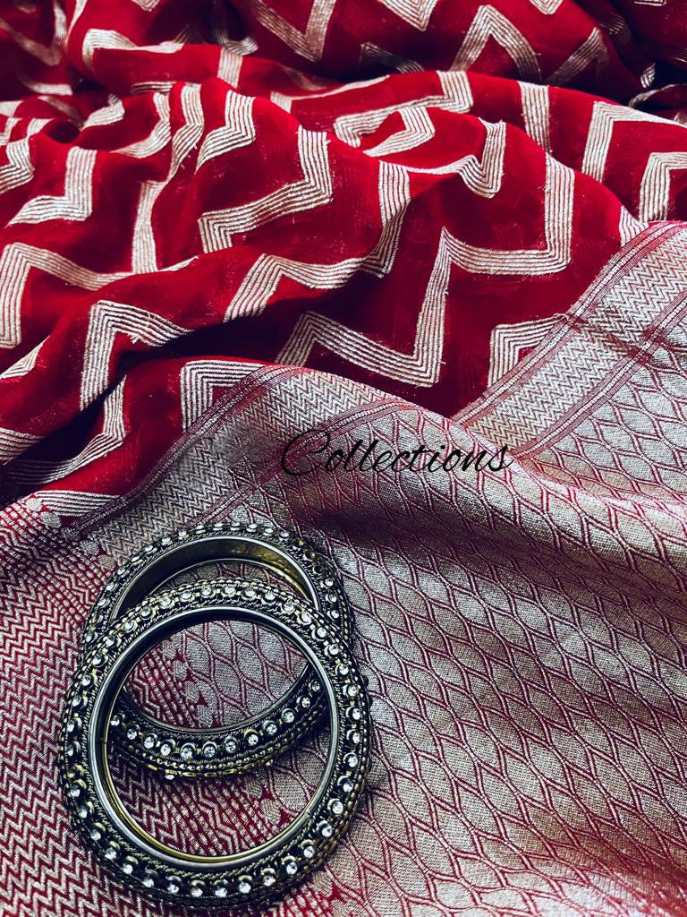 Red Banarsi bridal inspired saree - Saffronfashionindia