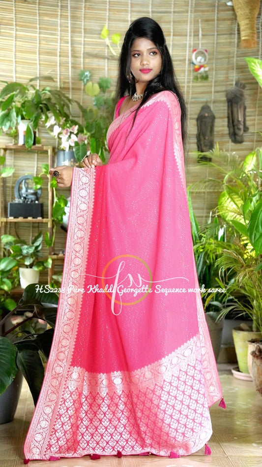 Pink sequence khaddi gorgette sari - Saffronfashionindia