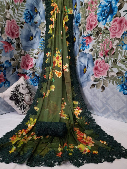 Floral laced saree - Saffronfashionindia