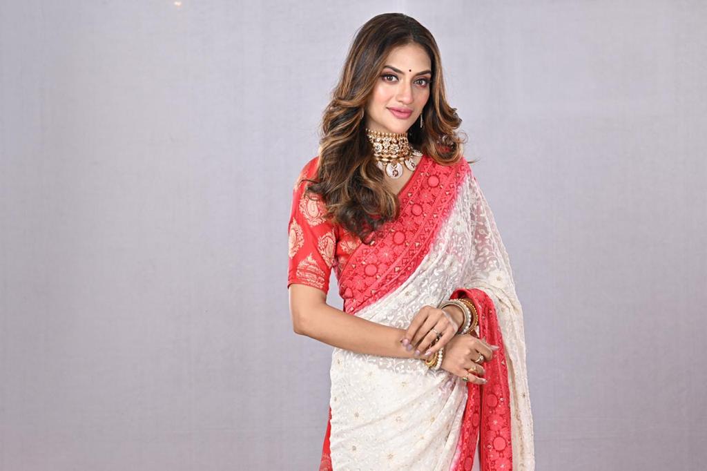 Chikankari gorgette saree - Saffronfashionindia