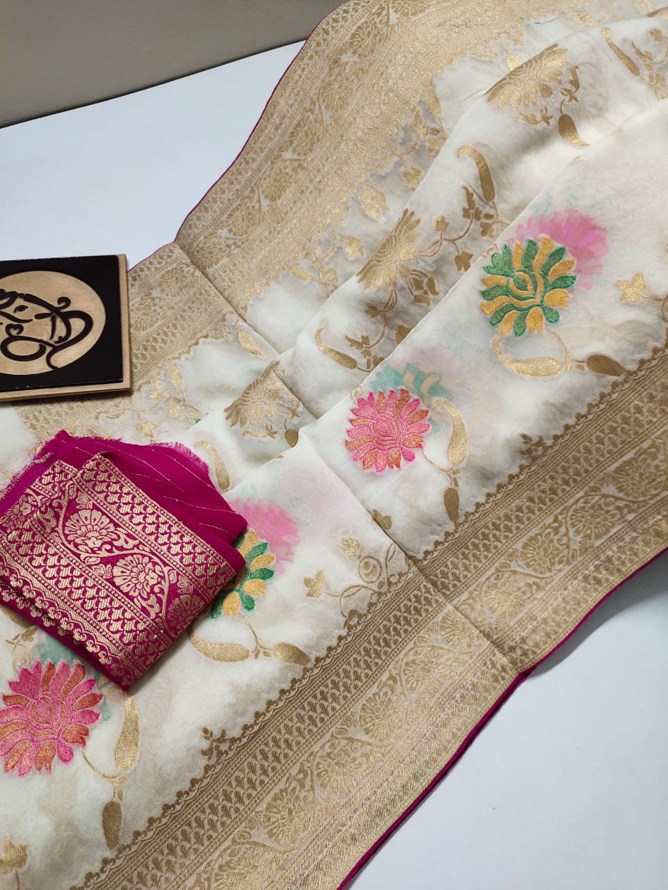 Floral banarsi gorgette saree - Saffronfashionindia