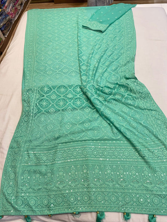 Ninja Chikankari gorgette saree - Saffronfashionindia
