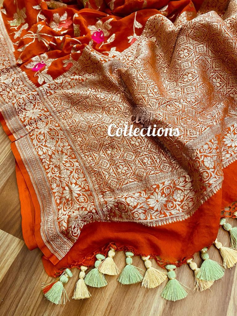 Orange handwoven Banarsi saree - Saffronfashionindia