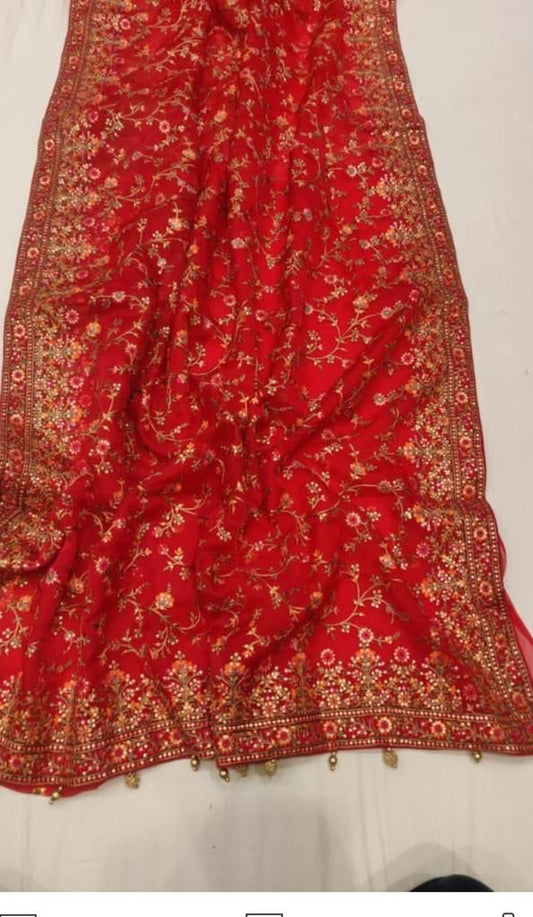Lal Kashmiri inspired gorgette saree - Saffronfashionindia