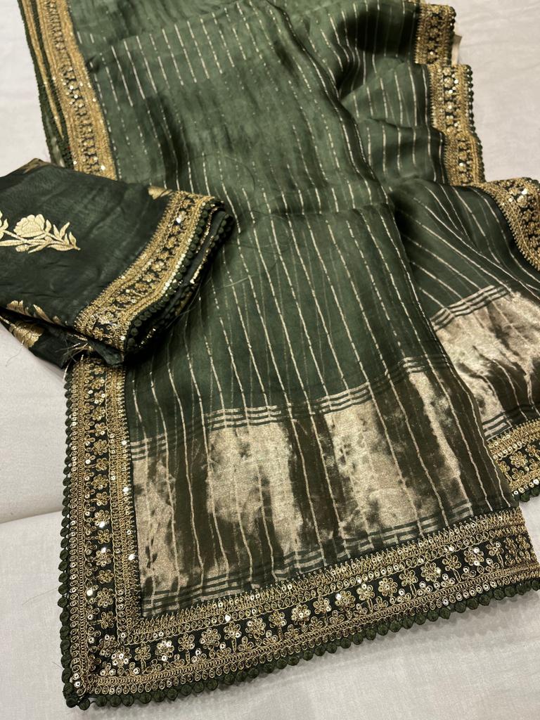 Striped zari organza saree - Saffronfashionindia