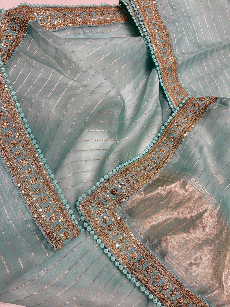Striped zari organza saree - Saffronfashionindia