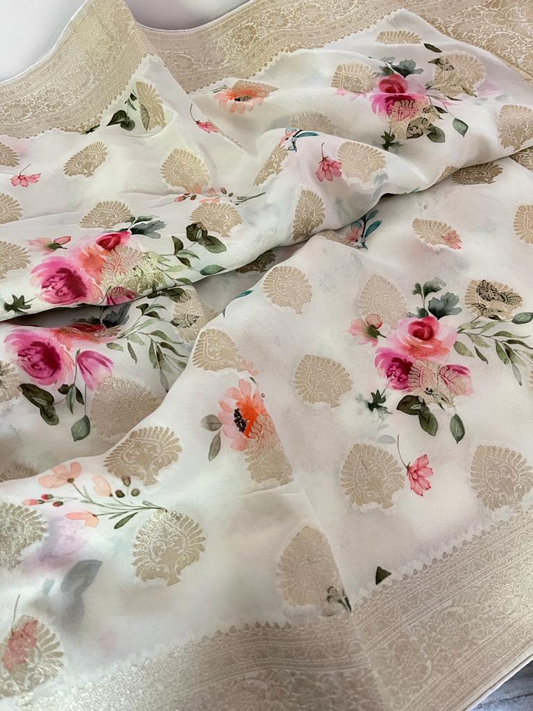 Vernia Banarsi gorgette sari Saffron fashion