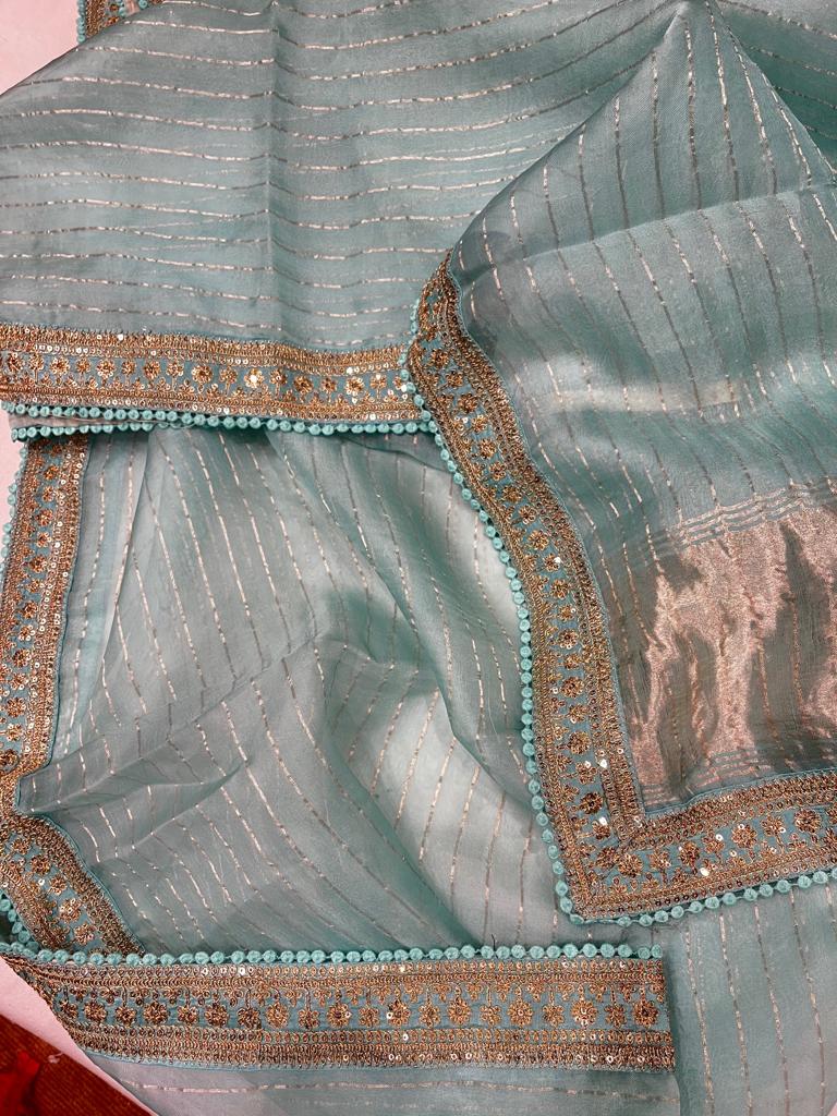 Striped zari organza saree - Saffronfashionindia