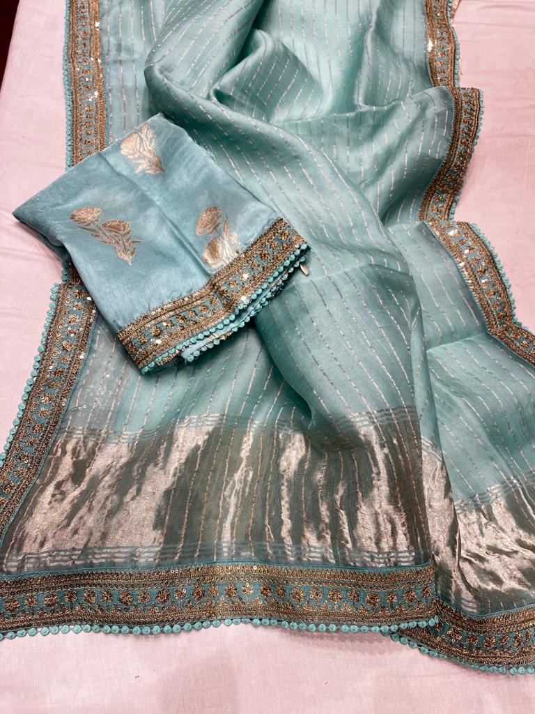 Striped zari organza saree - Saffronfashionindia