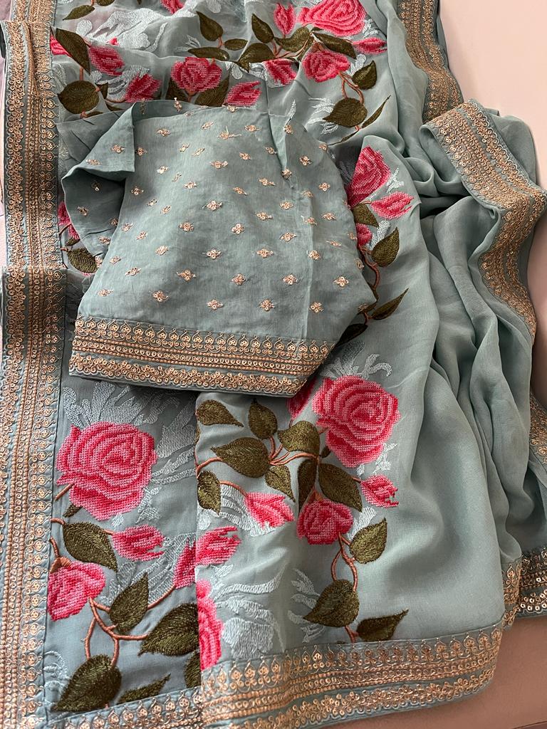 Lavita gorgette embroidery saree - Saffronfashionindia