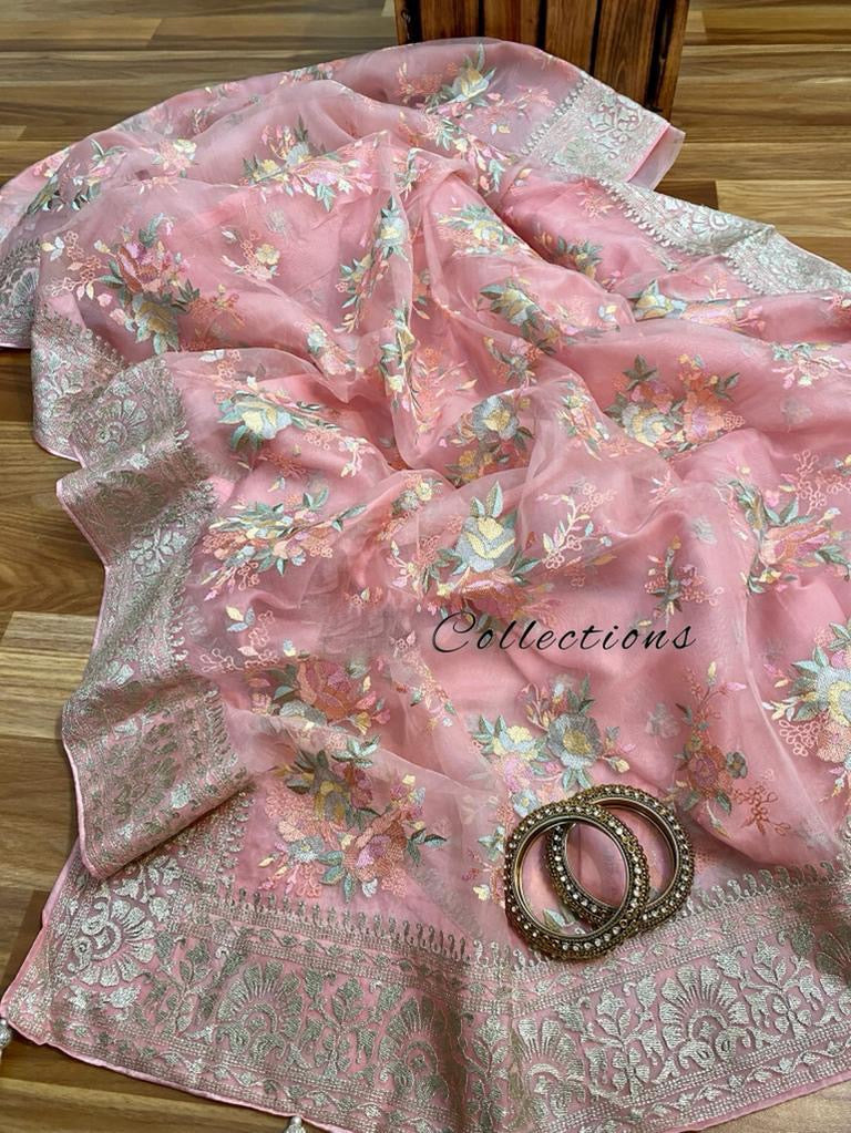 Pink organza embroidery saree - Saffronfashionindia