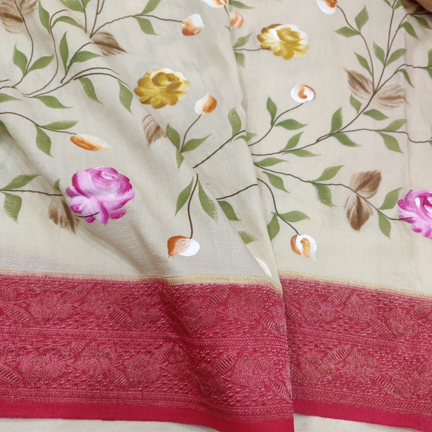Floral tussar handwoven saree - Saffronfashionindia
