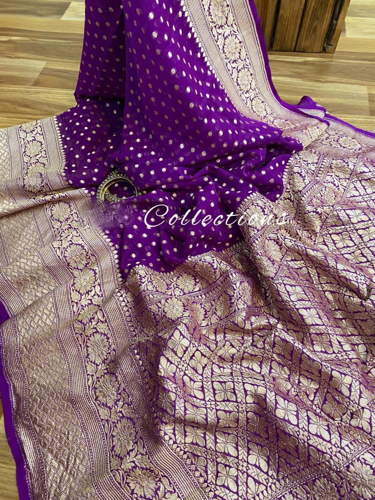 Handwoven Banarsi purple gorgette saree - Saffronfashionindia