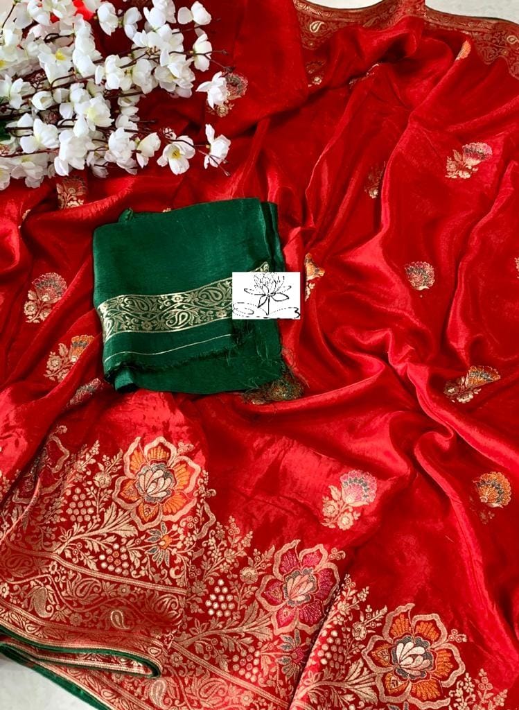 Red banarsi moonga saree - Saffronfashionindia