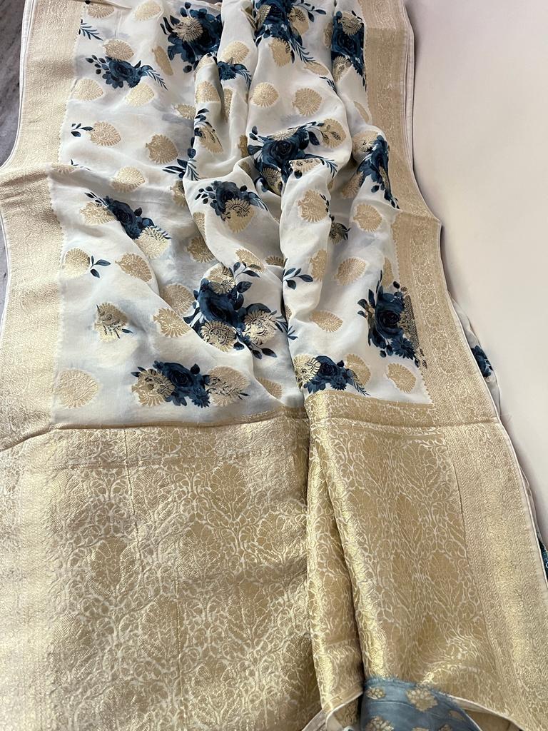 Vernia Banarsi gorgette sari Saffron fashion