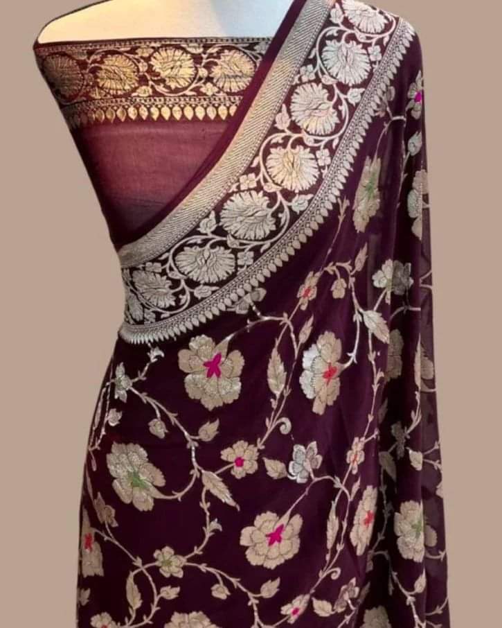 Nashina Banarsi gorgette saree - Saffronfashionindia