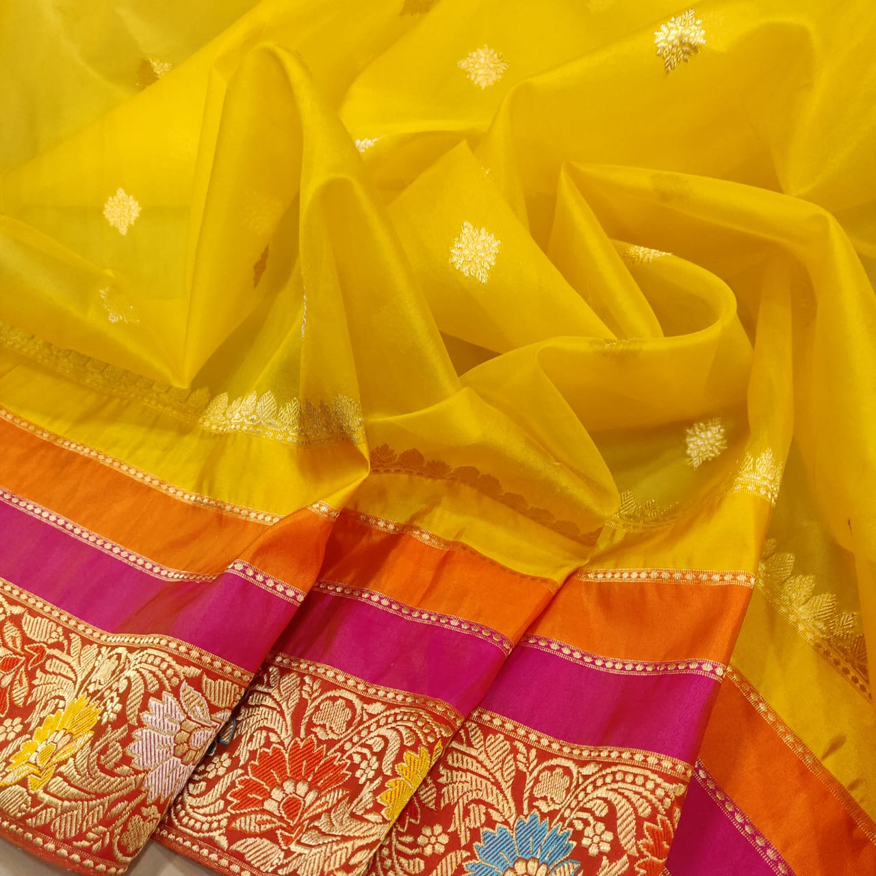 Ranjhana handwoven yellow kora saree - Saffronfashionindia